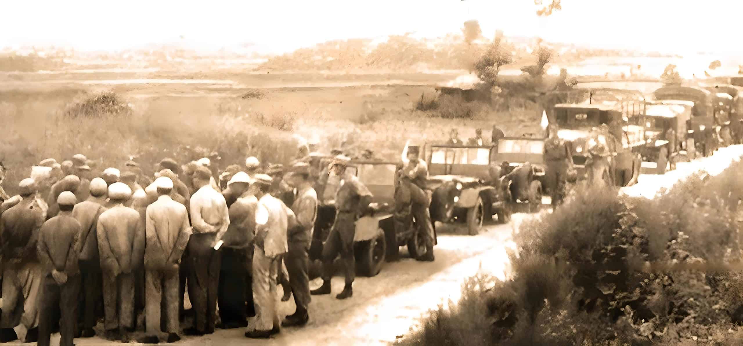 WWII soldiers and military trucks on a historic battlefield, capturing a moment of wartime history and news archives from past daily radio broadcasts and music collections.
