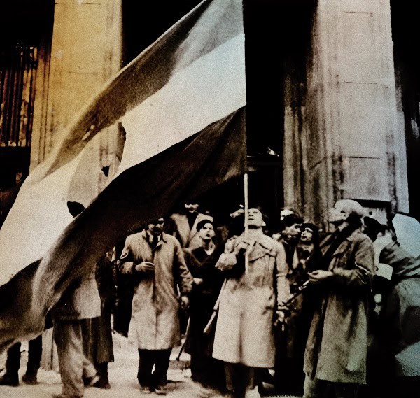 Protesters holding a flag outside a historic building, illustrating a moment of political significance and activism, captured in black and white to emphasize historical context and social movements.