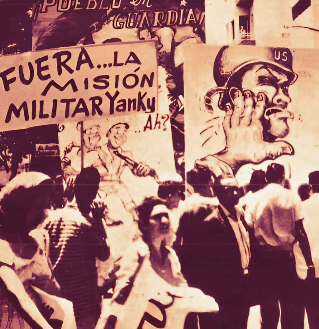 Protest mural depicting anti-military and political messages in Latin America, social activism, historic public demonstrations for social change, past daily news archive imagery, music and history.