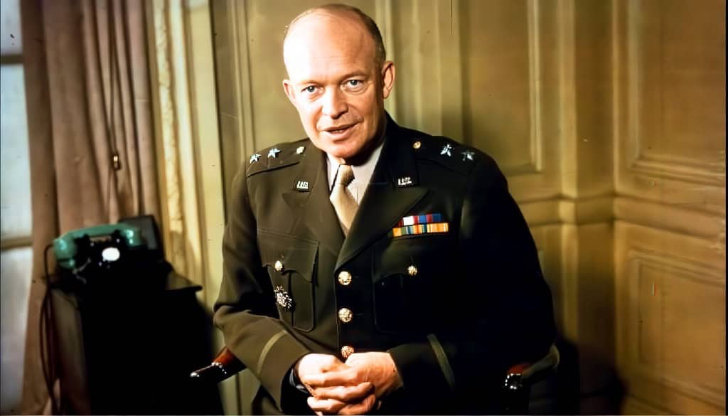 Military general in uniform speaking in an interview setting, historical archive photo.