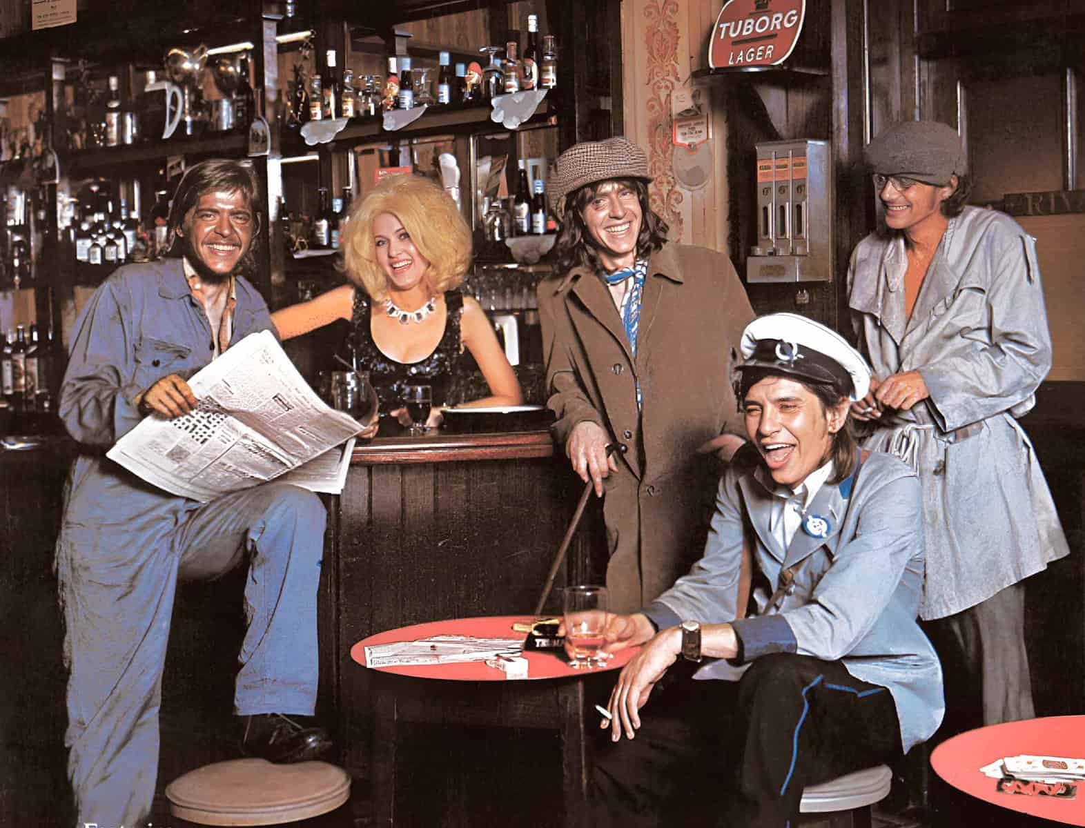 Vintage bar scene with diverse group of friends enjoying drinks, lively conversation, and laughter in a cozy pub atmosphere, capturing moments of camaraderie and social life.