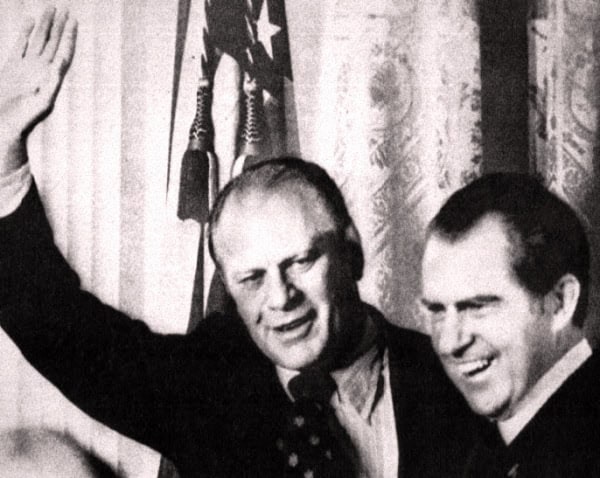 Ralph Nader and Barry Goldwater at a political event, black and white historic photograph, emphasizing American political history and past political campaigns.