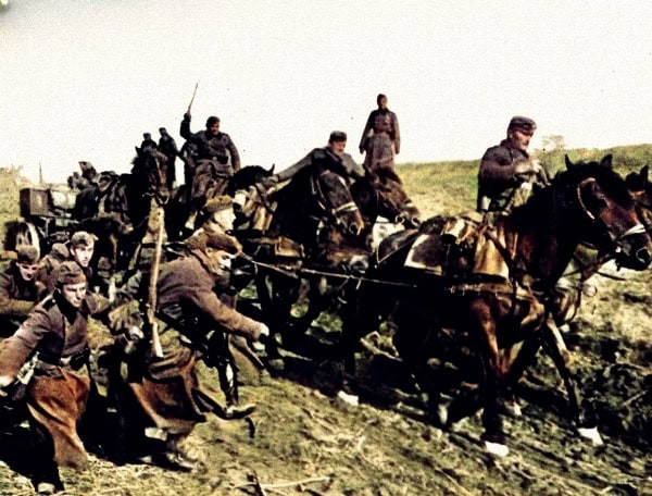 German soldiers during World War I on horseback in a battlefield scene, showcasing military history and wartime combat.