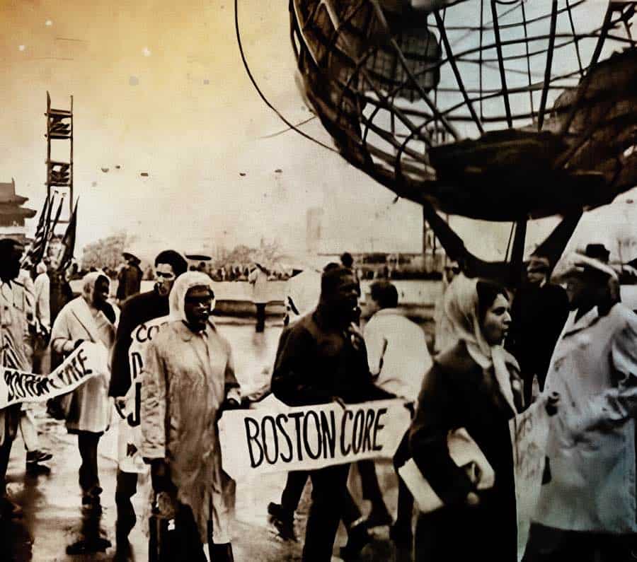 Vintage protest march during civil rights movement, people holding "BOSTON CORE" signs, historic black and white photo capturing social activism, landmark moment in American history, archival news and music archive photo.