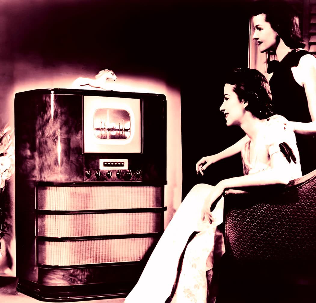 Vintage television showing black and white broadcast, with two women in 1950s attire watching in a nostalgic home setting. Classic TV and retro era atmosphere.
