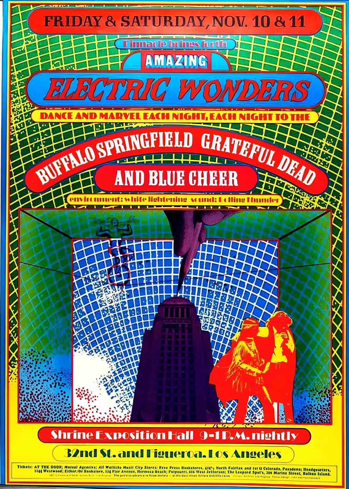 Retro concert poster promoting an electrifying musical event featuring Buffalo Springfield, Grateful Dead, and Blue Cheer, emphasizing music history and live performance energy.