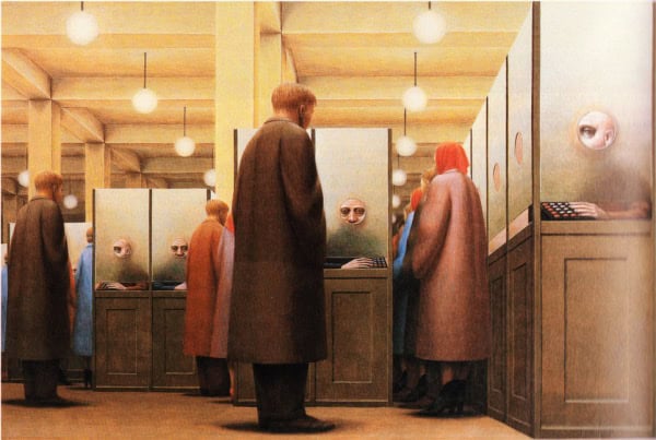 People voting at ballot booths in a modern voting hall, showcasing democratic process, elections, and civic participation.