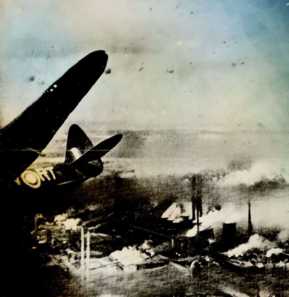 Futuristic airplane takeoff scene in black and white, featuring a sleek jet with bold markings against an industrial backdrop. Ideal for exploring themes of aerospace history, aviation advancements, and air travel.