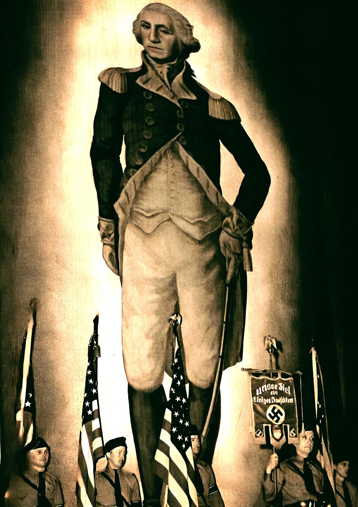 Historical figure statue, vintage military uniform, American flag, Nazi swastika, WWII history, war remembrance, political history, pastdaily archives.