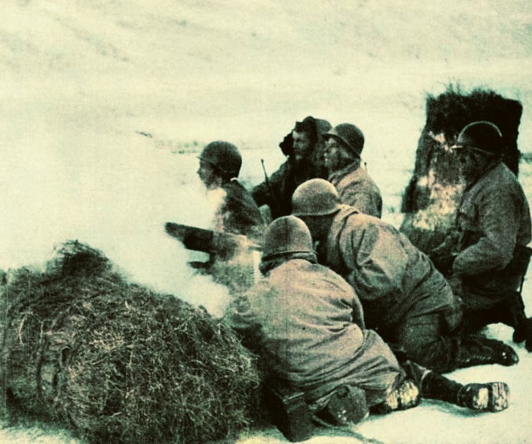 Soldiers during a historical battle, wearing helmets and military uniforms, engaging in combat amidst smoke and chaos, representing wartime history and war memorial imagery.