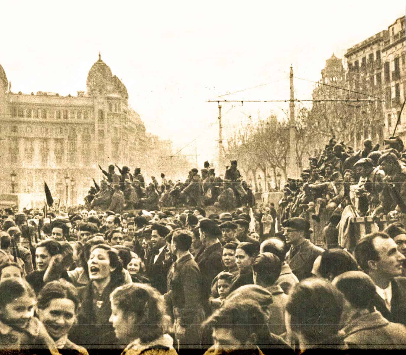 Crowd and military parade with soldiers on horseback during a historic event in an urban city, 1930s. Vintage black and white photograph capturing news, history, and cultural moments.