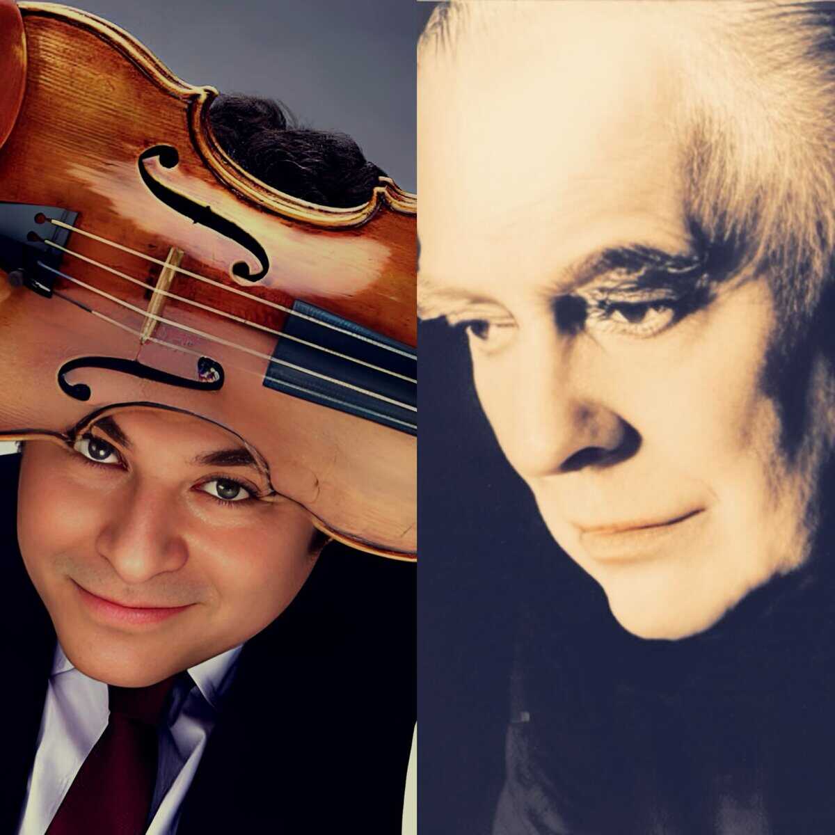 Young man with a violin on his head, smiling, in a formal suit, representing classical music and musical history.