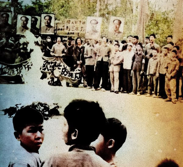 Children watching a protest or rally with portraits and banners, capturing a historical moment of social activism and community expression. Vintage photo highlighting historical news and cultural history.