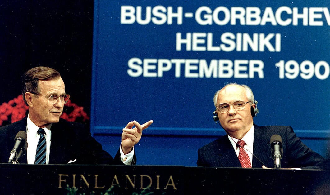 Bush-Gorbachev Helsinki Summit September 1990, two leaders engaged in discussion at a historic Cold War meeting.