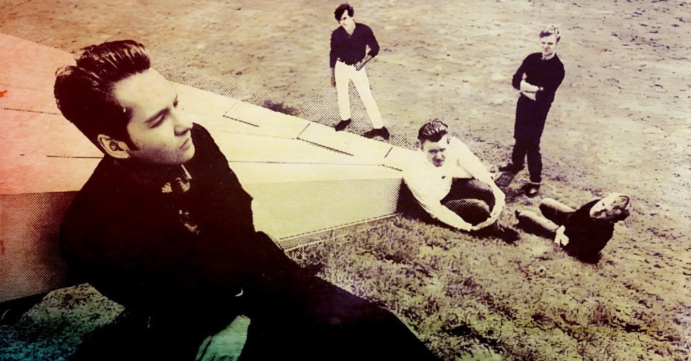 Young man resting on a beach with four others around him, vintage black and white photo, 1950s style, casual summer attire, nostalgic music and history theme illustration, past daily archives, sound archive of news and cultural moments, people enjoying leisure time by the sea.