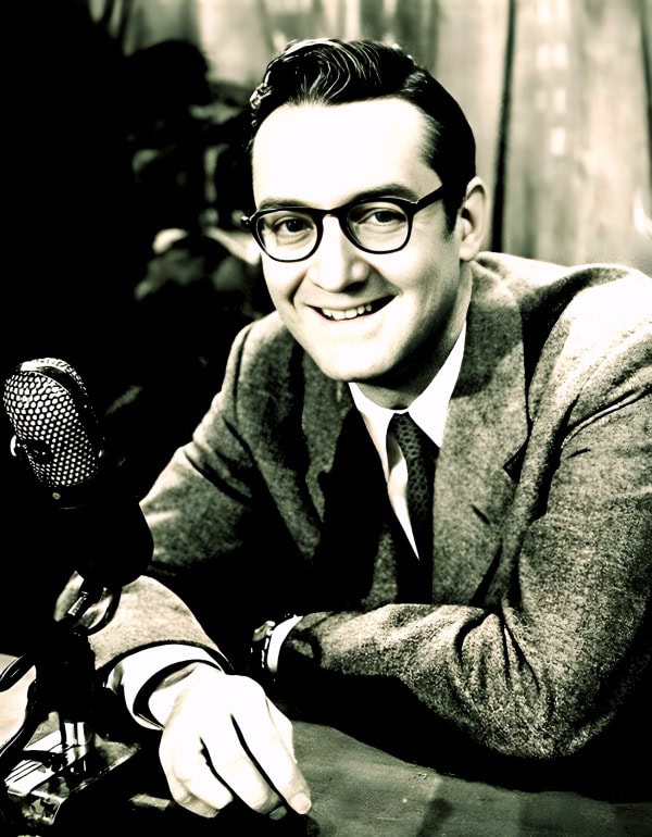 A vintage-style photo of a man with glasses speaking into a microphone, representing podcast or radio broadcasting related to news, history, and music archives.