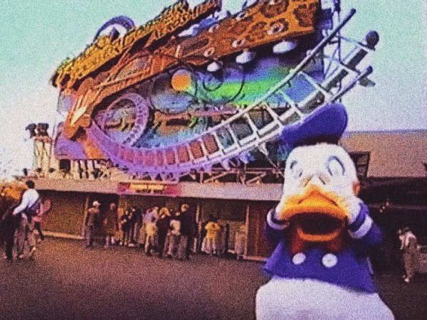 Amusement park ride with Disney character Donald Duck mascot at theme park, colorful roller coaster in background, family-friendly entertainment, nostalgic amusement park scene, popular Disney attractions.