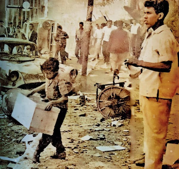 Disaster aftermath photo of children in debris and rubble, destruction scene, historic event, social impact, photo from past daily sound archive, news, history, music collection.