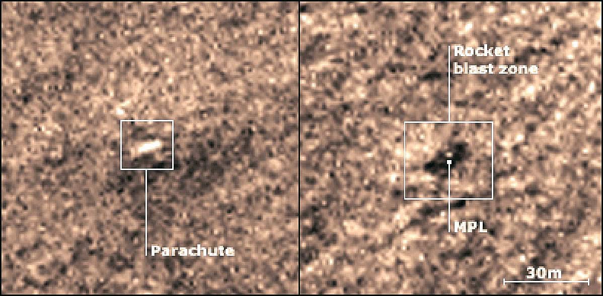 Parachute and rocket blast zone detected on Mars surface captured by high-resolution imaging, highlighting NASA's Mars Phobos mission and exploration of extraterrestrial landscapes.