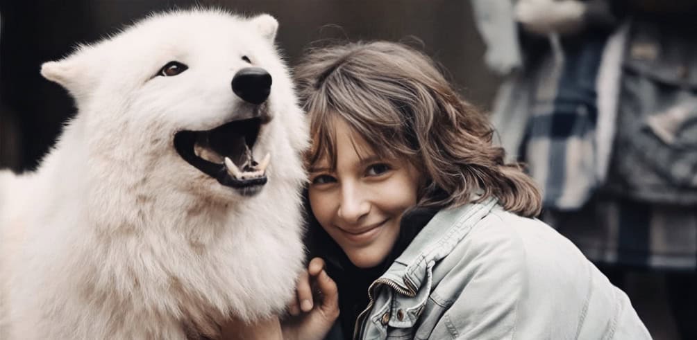 Adorable woman with a friendly happy dog, outdoor setting, joyful moment, breed likely Siberian Husky, white fluffy fur, playful pet companionship, emotional bond, pet care, relaxed atmosphere.