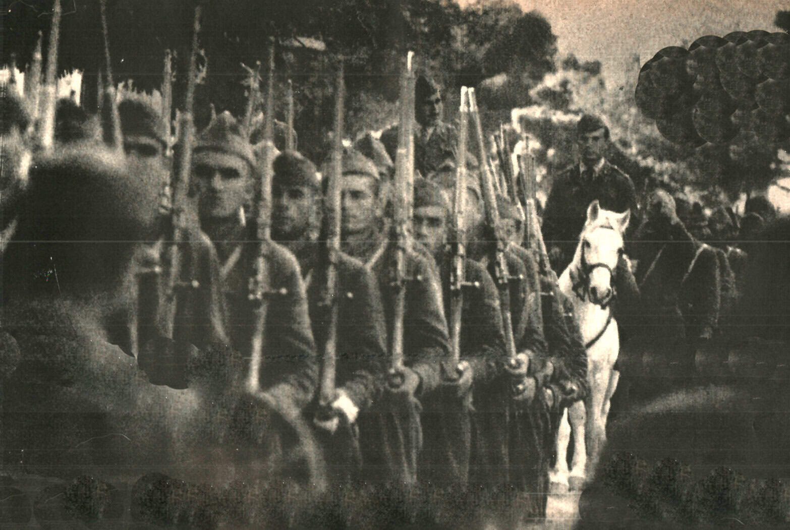 Historical soldiers and cavalry on parade, black and white photo, vintage military scene, archival news footage, historical music and news archive.