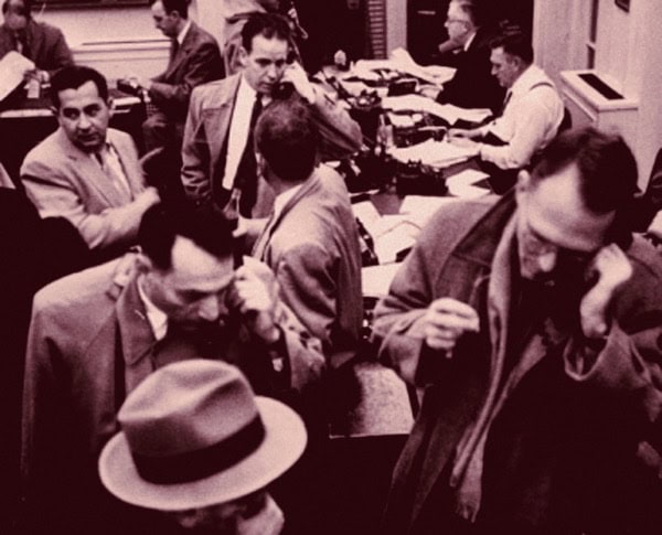 History of radio news reporting from mid-20th century with journalists and broadcasters in a studio setting.