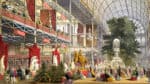 Indoor exhibition hall with sculptures, statues, tiered seating, and a fountain, exhibiting Victorian-era architecture, at a world fair or exposition, featuring visitors, artists, and the elegant atmosphere of 19th-century cultural events.
