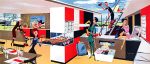 Food and restaurant illustration with cheerful staff serving customers in a modern dining area, vibrant colors, lively atmosphere, interior design, food display, catering service, modern cafe setting.