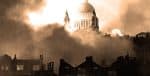 Destroyed st. paul's cathedral with smoke and fire during london blitz during world war ii.