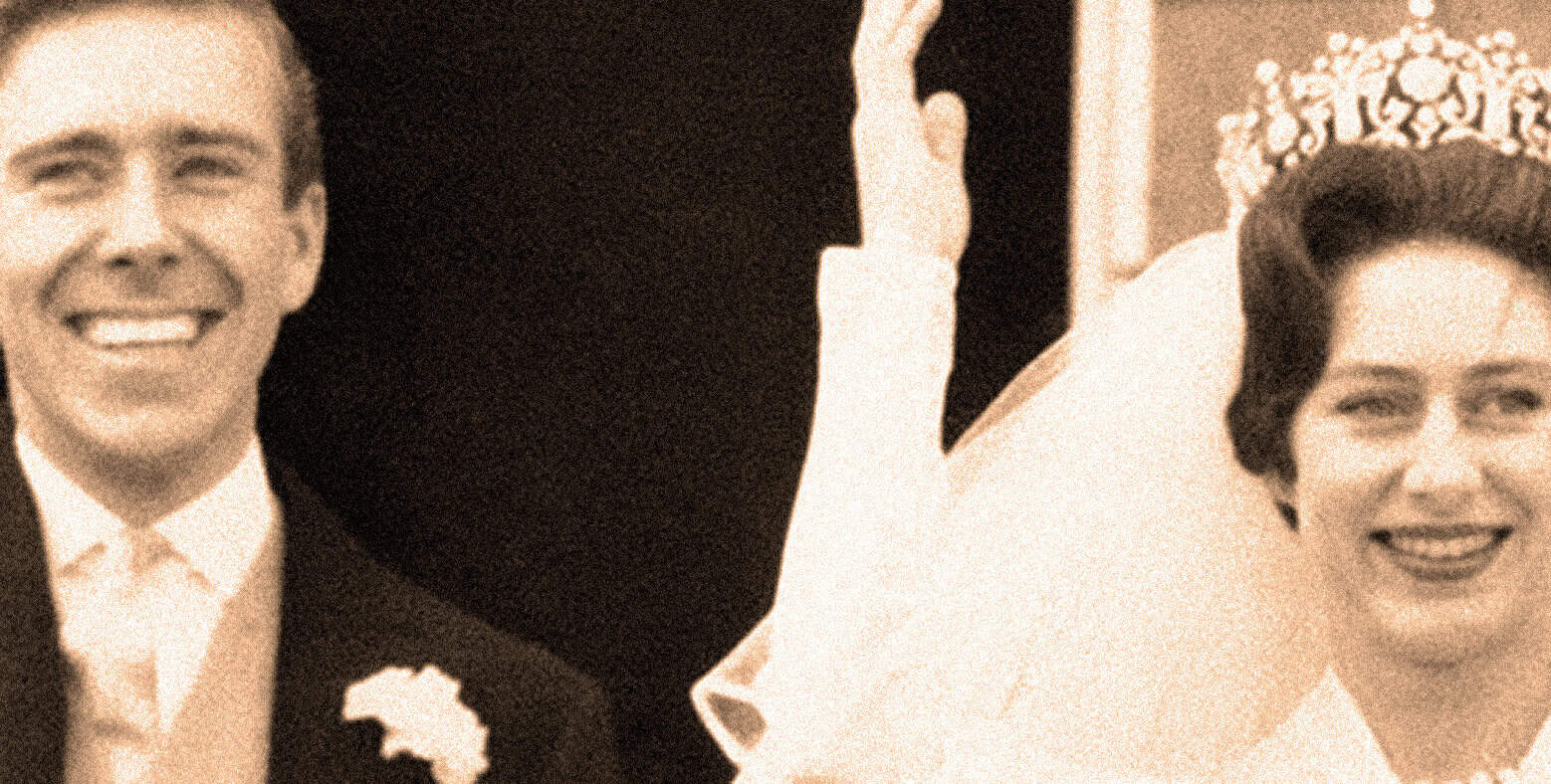 Snapshot of a vintage wedding scene, featuring a smiling groom and bride wearing a tiara, representing historical moments in news, music, and cultural archives from the Past Daily sound archive.