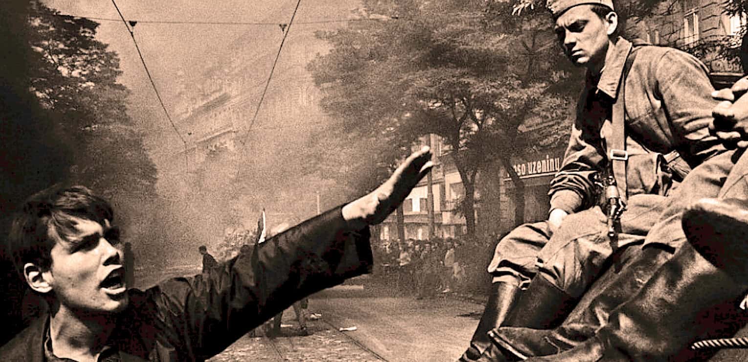 Protestor confronting a soldier during a historical civil unrest, capturing the themes of news, history, and social movements for archival and educational purposes.