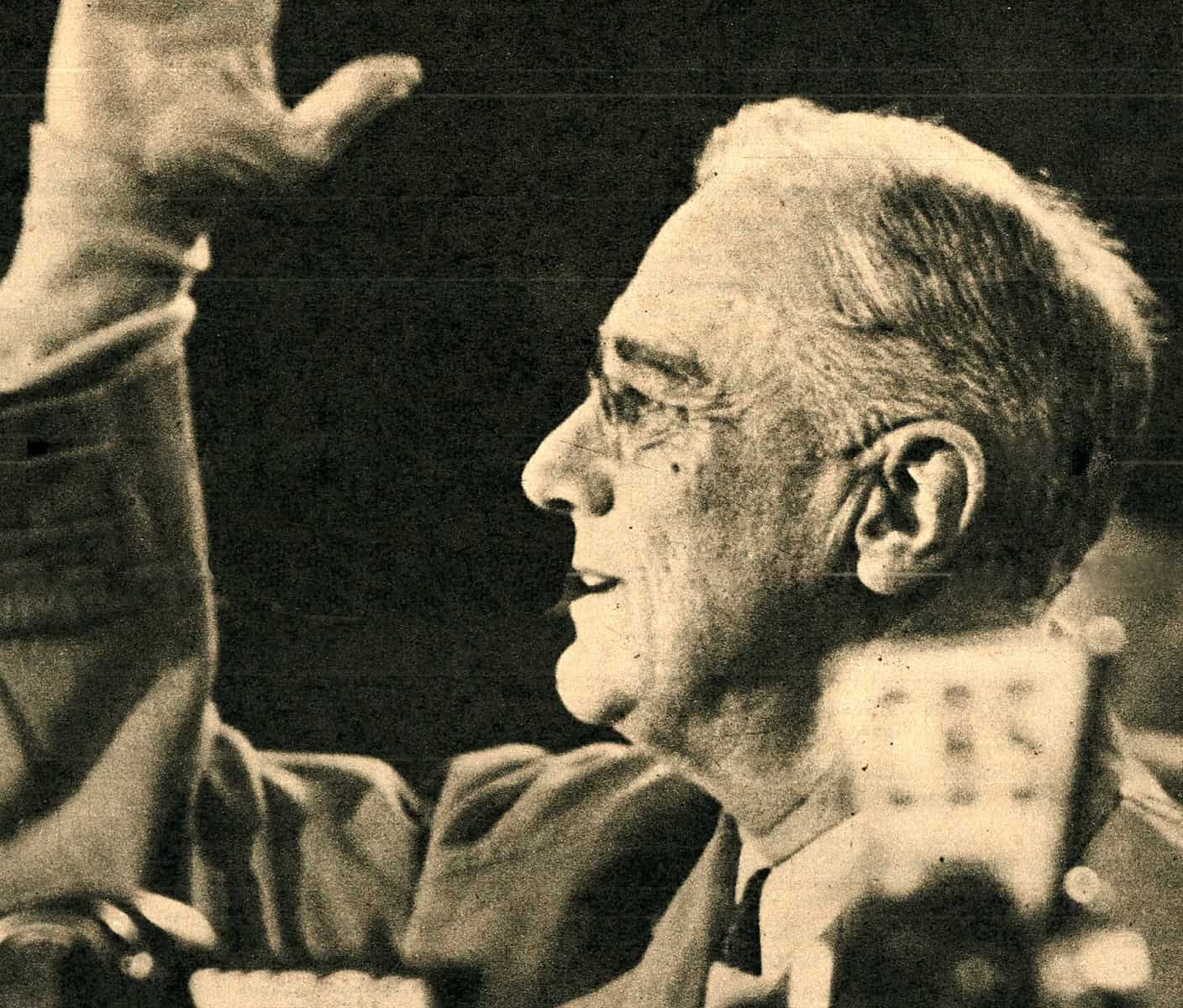 Historical figure speaking into microphone at news event, black and white photo, vintage radio broadcast, media coverage, significant moment in news and history, classic journalism scene in grayscale, archival news archive, old radio interview image, vintage sound archive, Past Daily news and music history image, relevance.