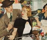 Vintage grocery store scene showing customers at checkout counter, emphasizing nostalgic shopping experiences and retail history.