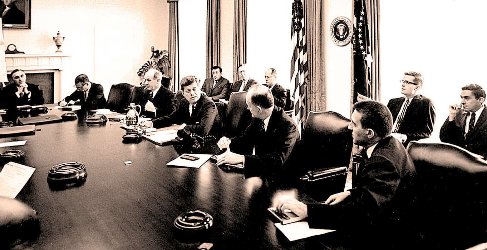 Meeting of political leaders and officials in a formal government conference room, symbolizing historical political discussions and decision-making, available on Past Daily sound archive.