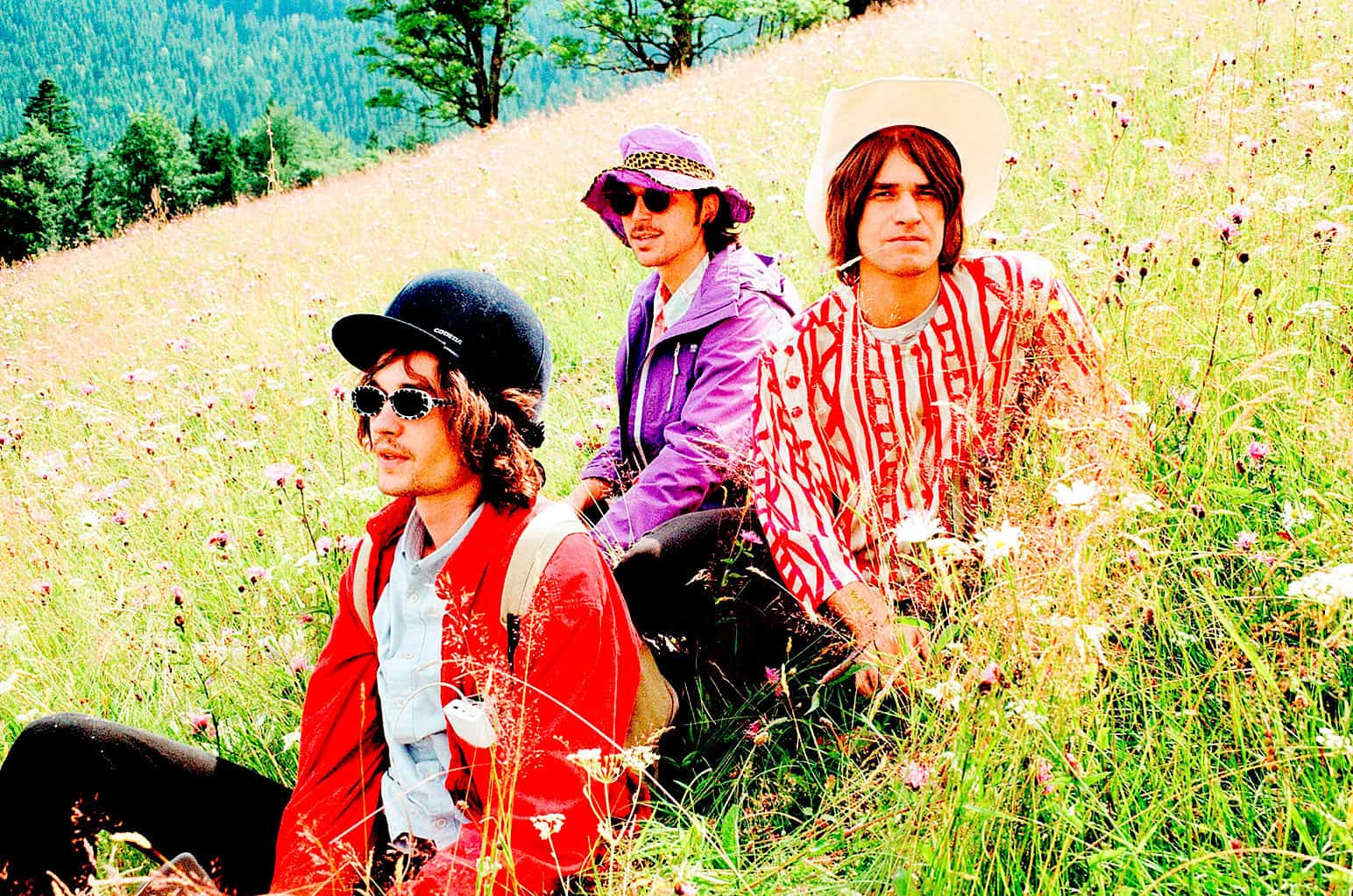 Colorful 1960s-style musicians in vibrant outfits sitting in a lush meadow with wildflowers and trees in the background.