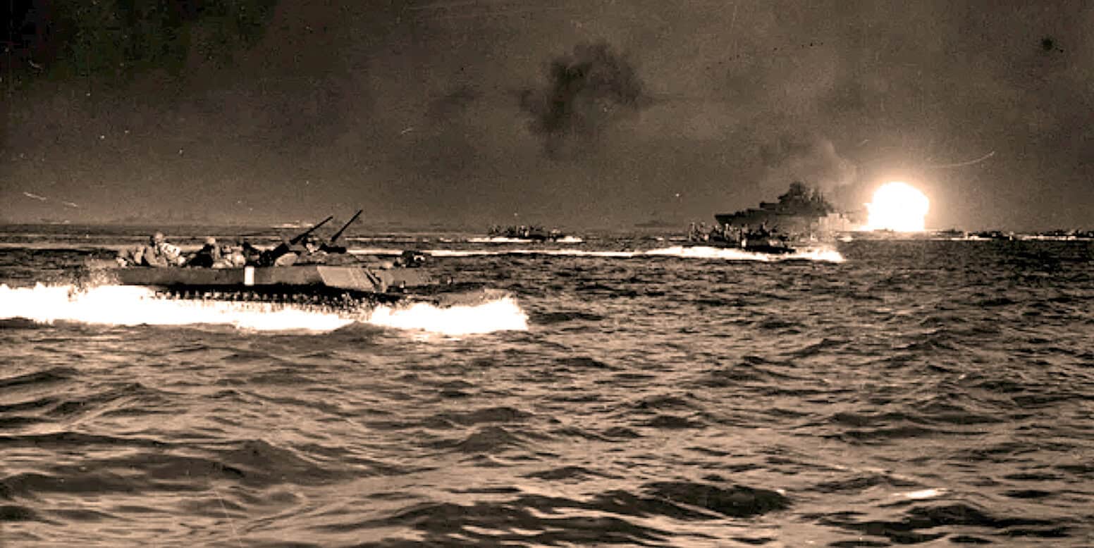 A battleship firing at sunrise with a large explosion in the distance, depicting wartime naval combat scenes.