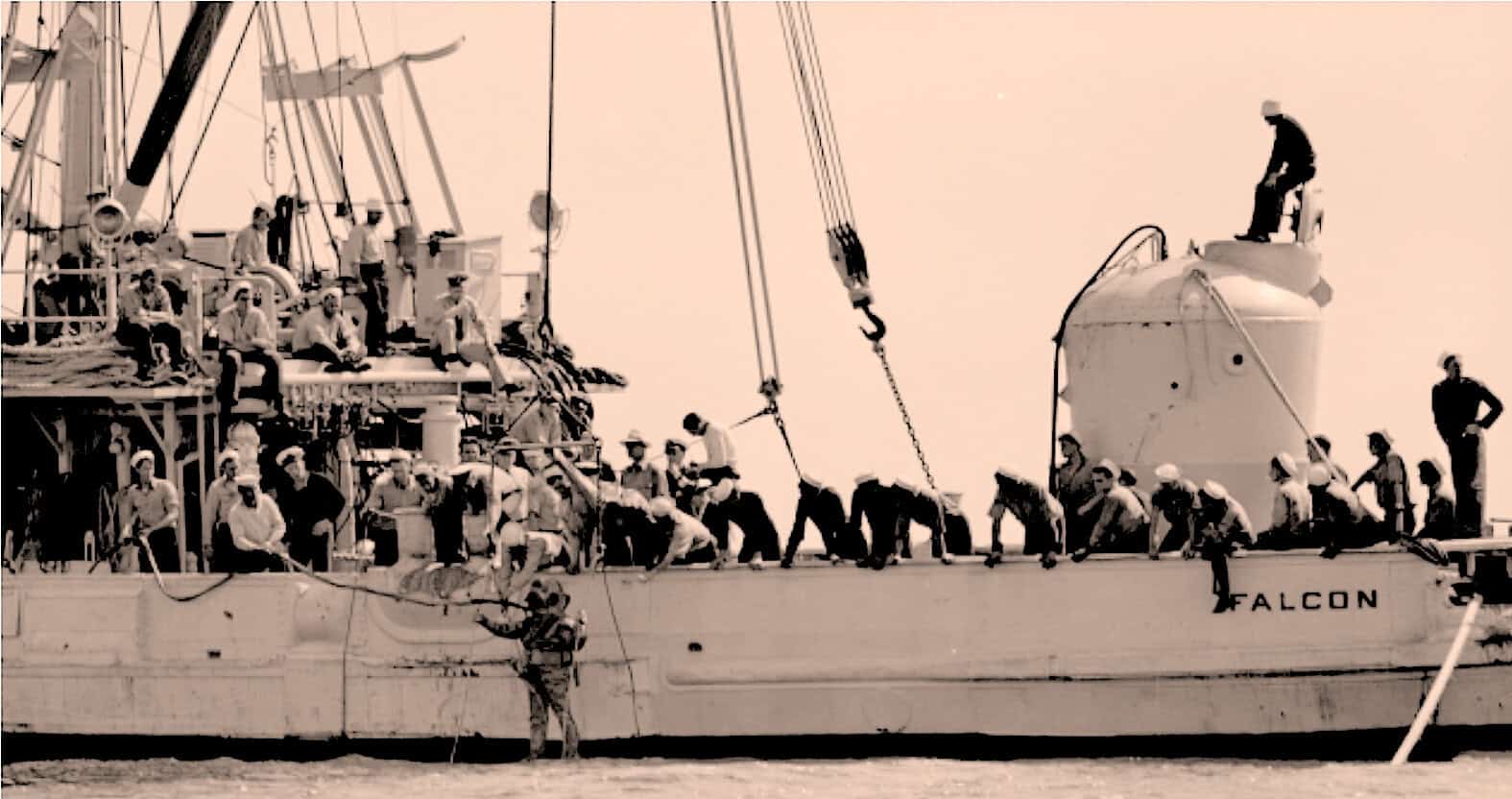 Vintage black-and-white photo of a historic ship called Falcon with crew members and sailors preparing for a voyage, illustrating maritime history, news, and music archives.