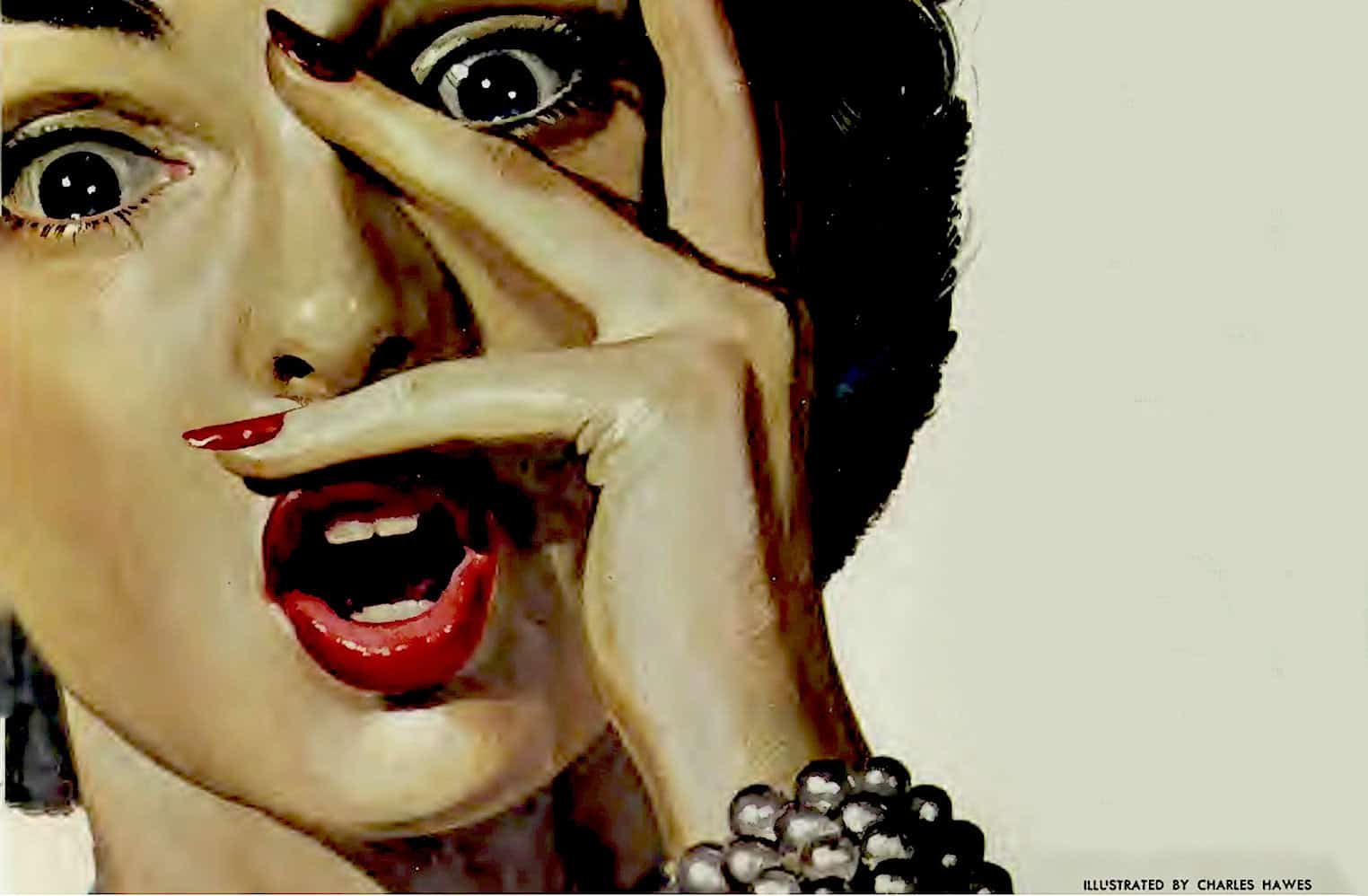 Vintage woman with bold makeup holding a cigarette to her lips, with pearls around her neck, representing mid-20th-century fashion, music, and culture; iconic illustration by Charles Hawes.