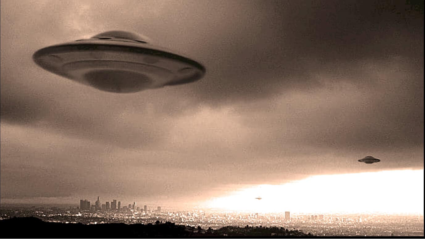 UFOs flying over a city skyline during a storm, illustrating mysterious aerial phenomena and historical sightings, with a focus on news, history, and science fiction themes.