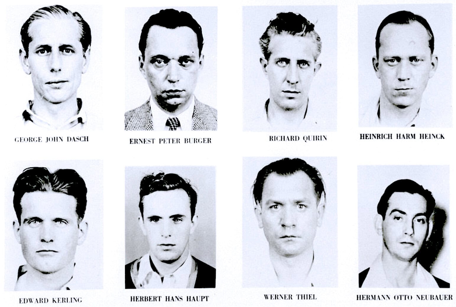 Black and white photographs of prominent historical figures in a grid format, highlighting their names and contributions, part of a vintage news or history archive.