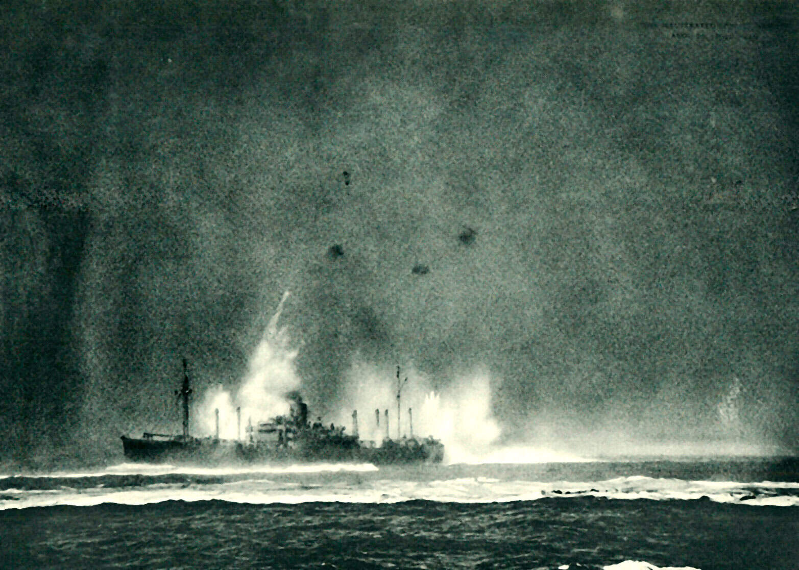 U-boat submarine firing torpedoes during wartime ocean battle, black and white WWII naval warfare scene, historical military ship with gunfire and smoke, part of audio archive of news, history, and music.