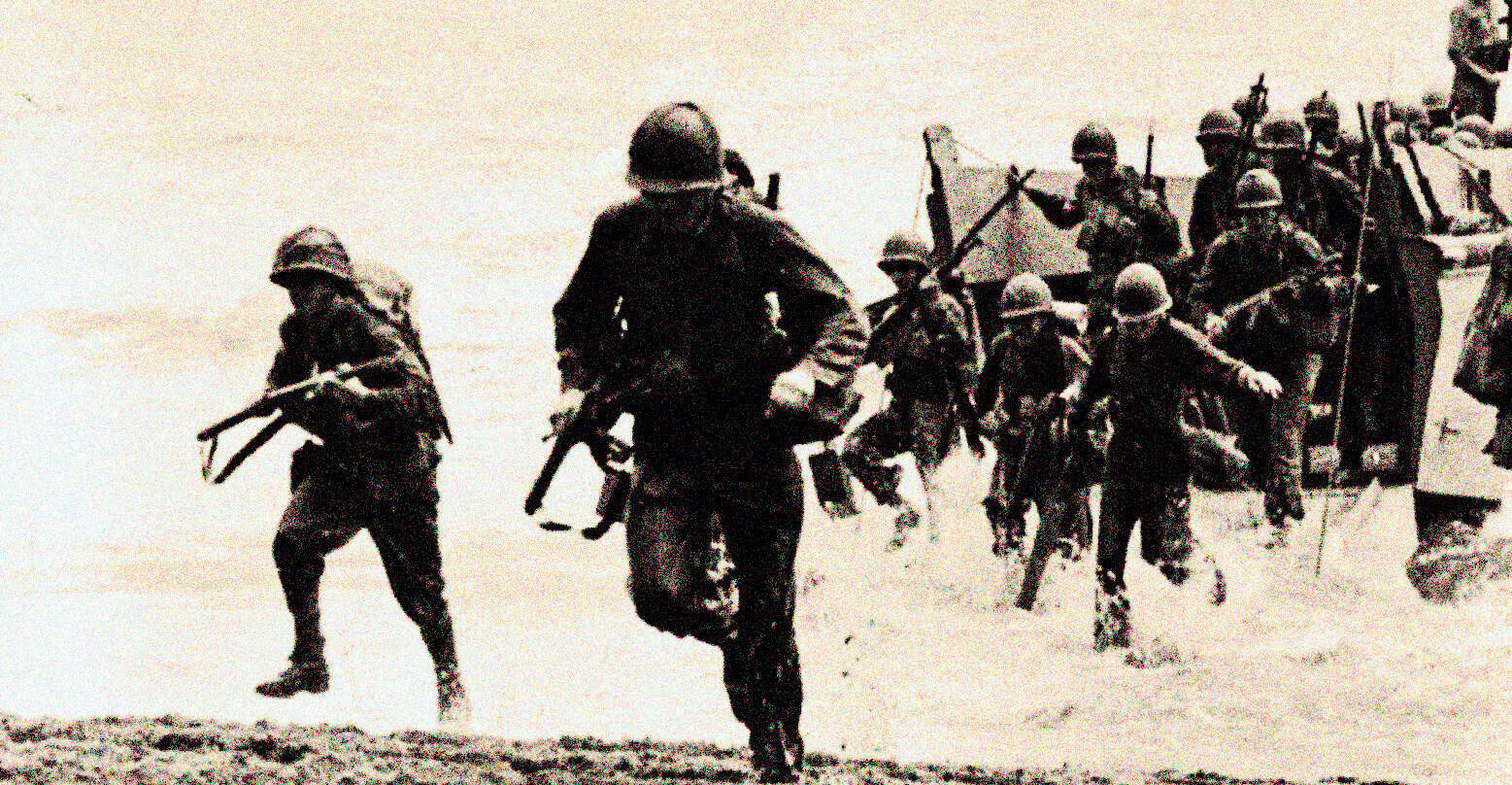 Vintage black and white photograph of soldiers during wartime, capturing historical moments with soldiers in helmets carrying rifles, military trucks, and tents, symbolizing history and news archives, suitable for Past Daily.