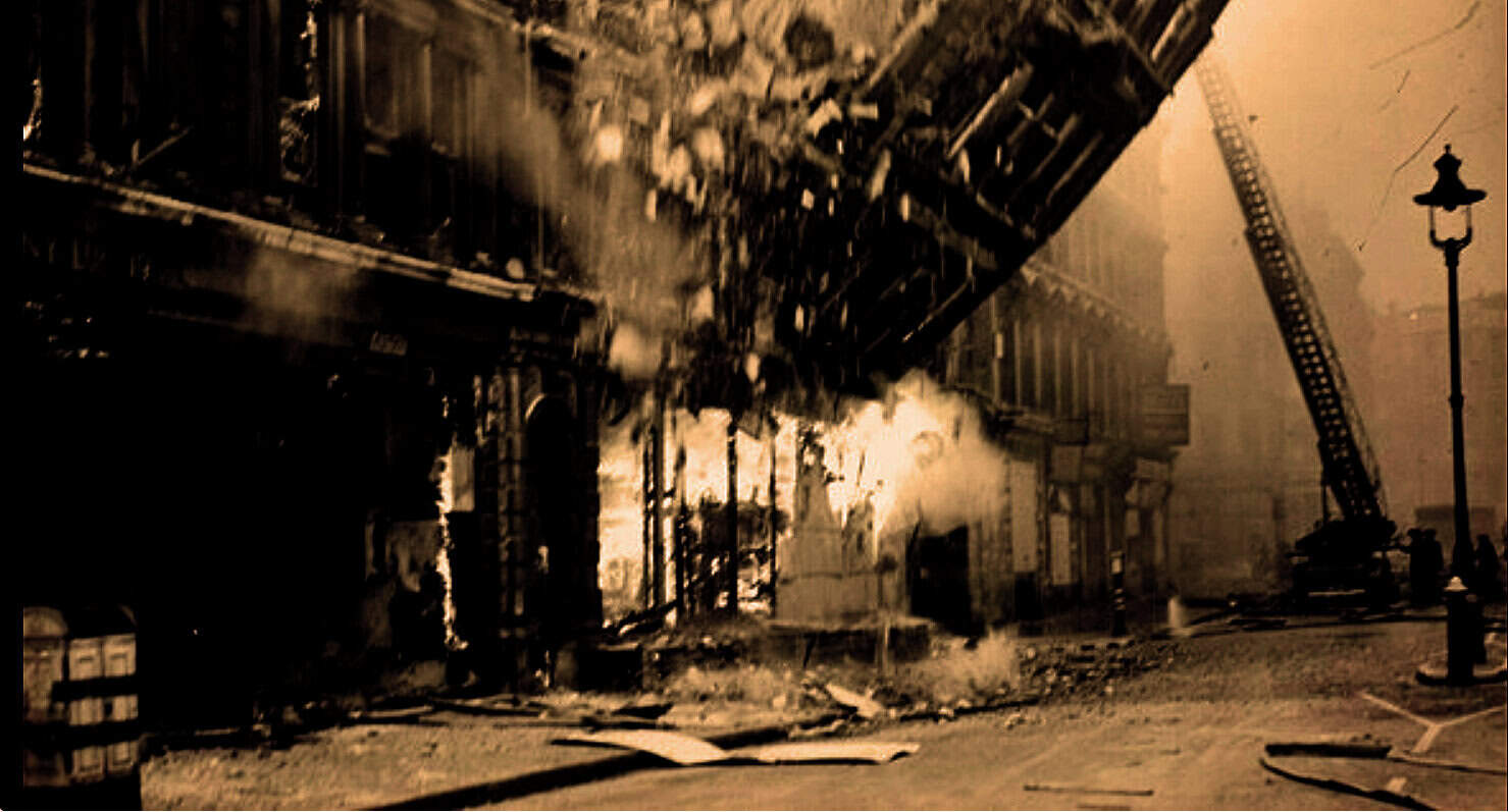 Fire damage to historic building, aftermath of destructive blaze, city fire rescue, emergency response, urban fire incident, firetruck ladder, smoke and flames, destruction and chaos, disaster recovery, archival news footage.