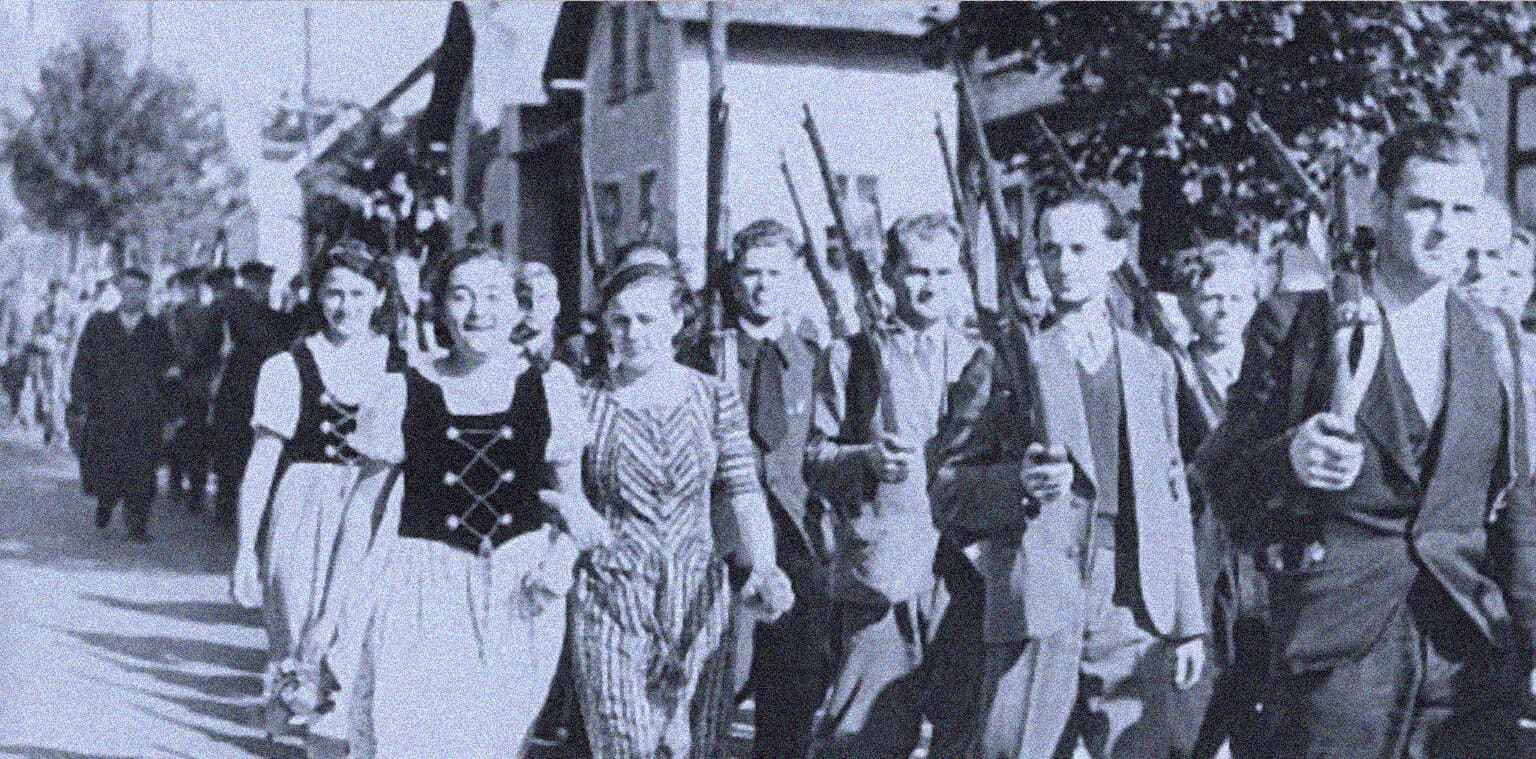 People walking through a city street, historical black and white photo, vintage fashion, mid-20th century, urban scene, social history, public event, past daily archive.