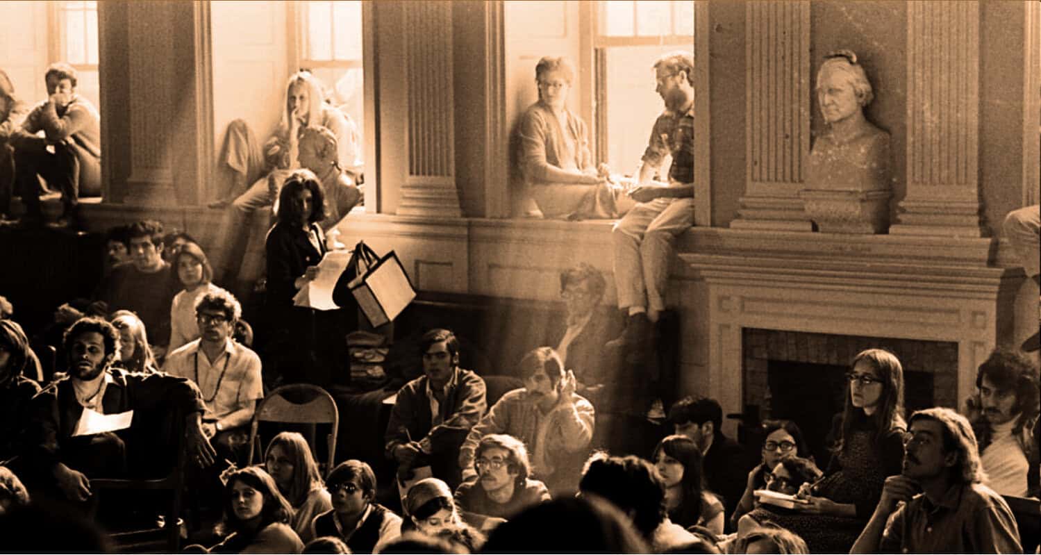 Listening to a live music performance in a historic building with classical architecture and a bust statue, capturing the essence of music, news, and cultural history from the past archive.