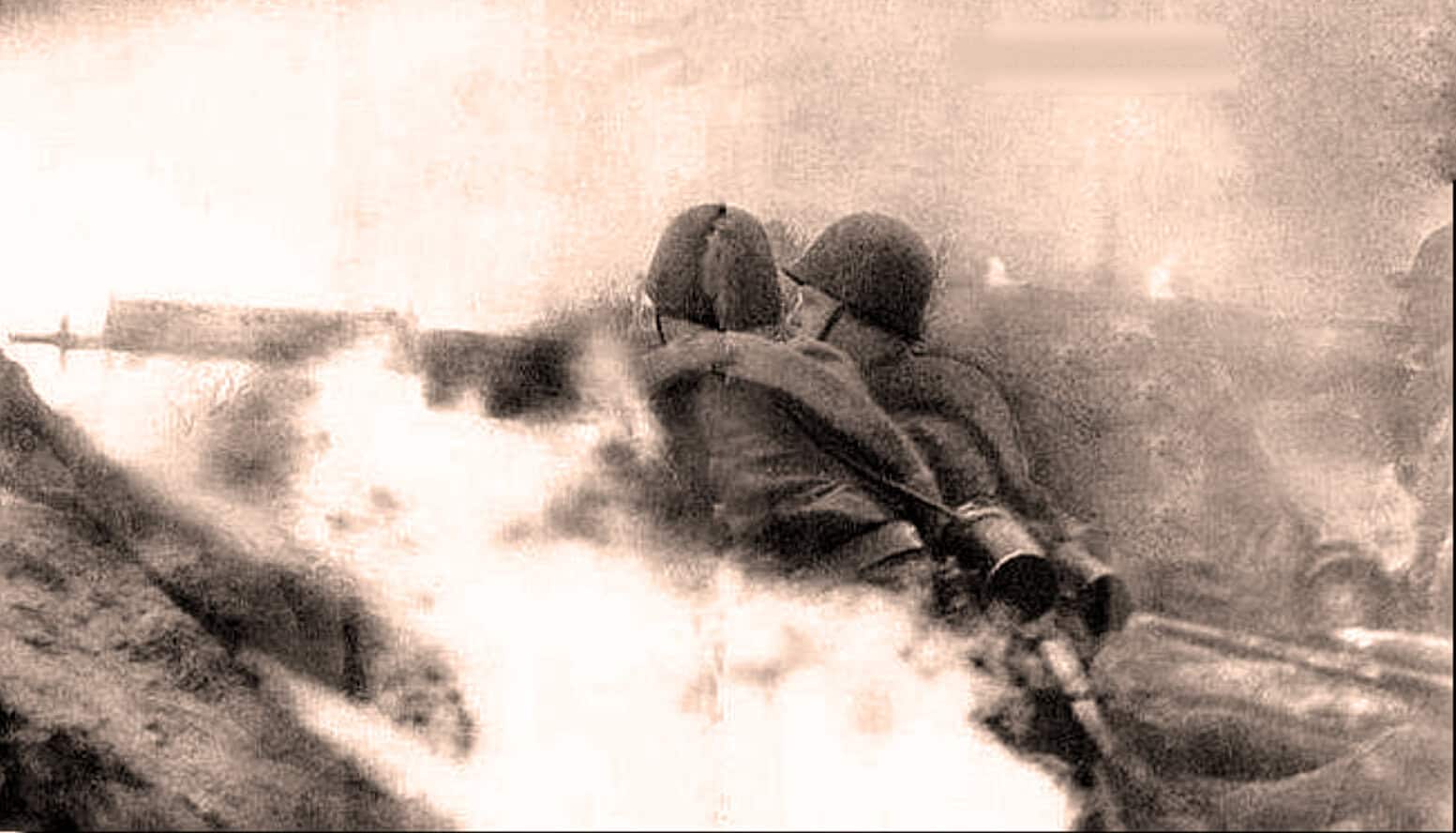 Explosive World War II battle scene with soldiers in combat amidst smoke and chaos, highlighting historic war imagery.