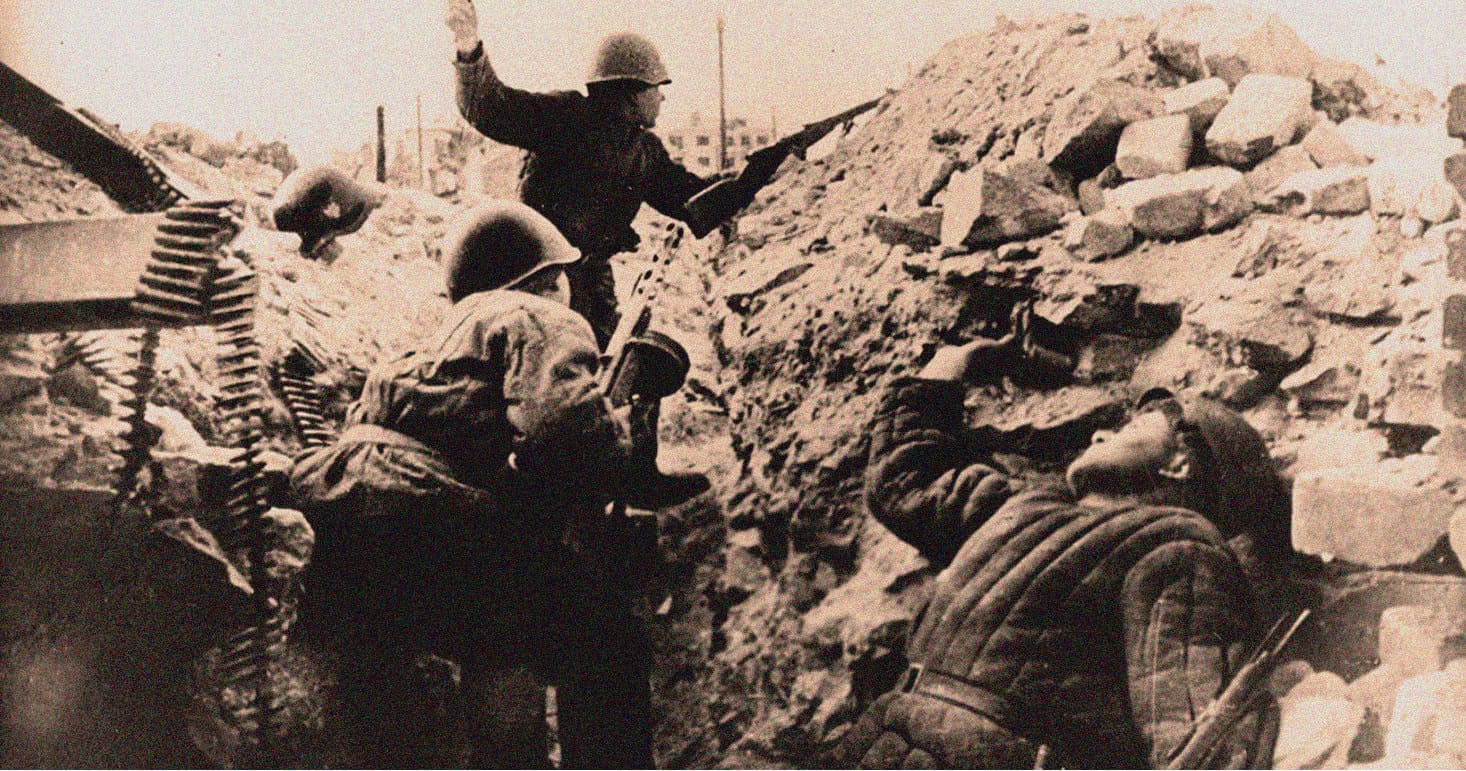 Disaster relief soldiers removing rubble after wartime destruction, historic black and white photo emphasizing war, military, and humanitarian efforts.