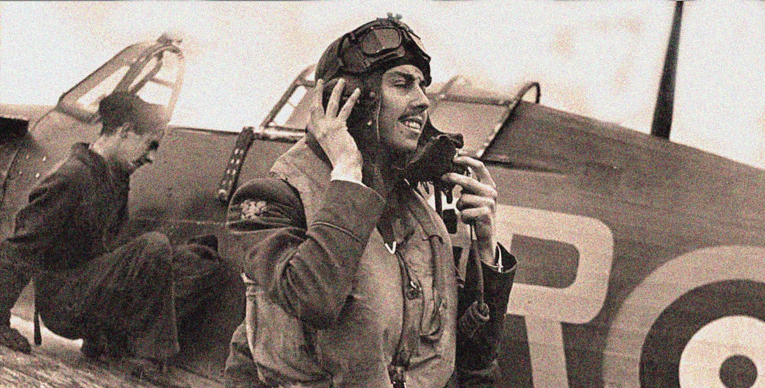 Retired military pilot preparing for flight, wearing flight gear and helmet, standing next to aircraft with vintage markings, capturing historical aviation and news history themes.