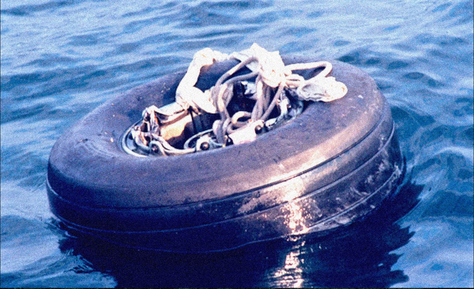 Worn rubber tire with tangled marine debris floating on ocean surface, environmental pollution, plastic waste, ocean conservation, marine life protection, environmental damage, pollution cleanup efforts.