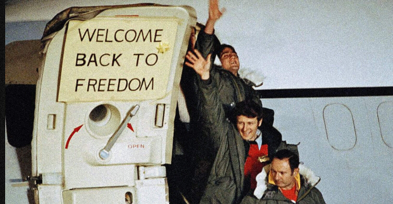 Welcome back to freedom sign at airplane door with smiling passengers waving goodbye, representing personal liberty and escape in historic travel moments.